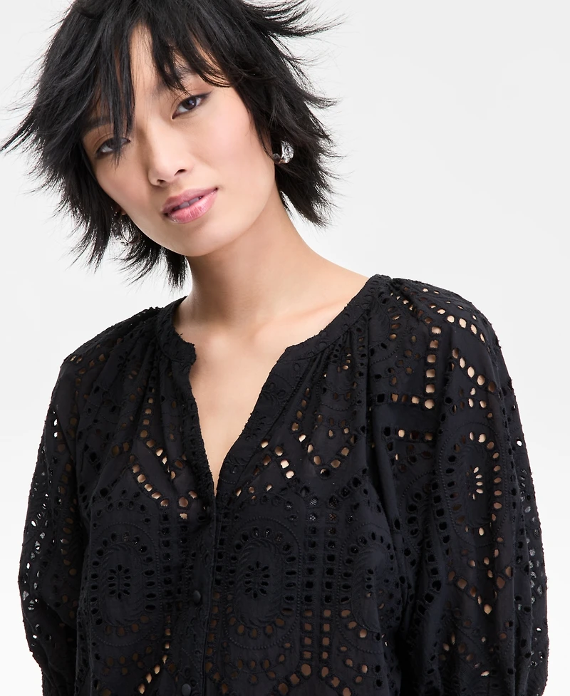 I.n.c. International Concepts Women's Cotton Eyelet Puff-Sleeve Blouse, Exclusively at Macy's