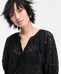I.n.c. International Concepts Women's Cotton Eyelet Puff-Sleeve Blouse, Exclusively at Macy's