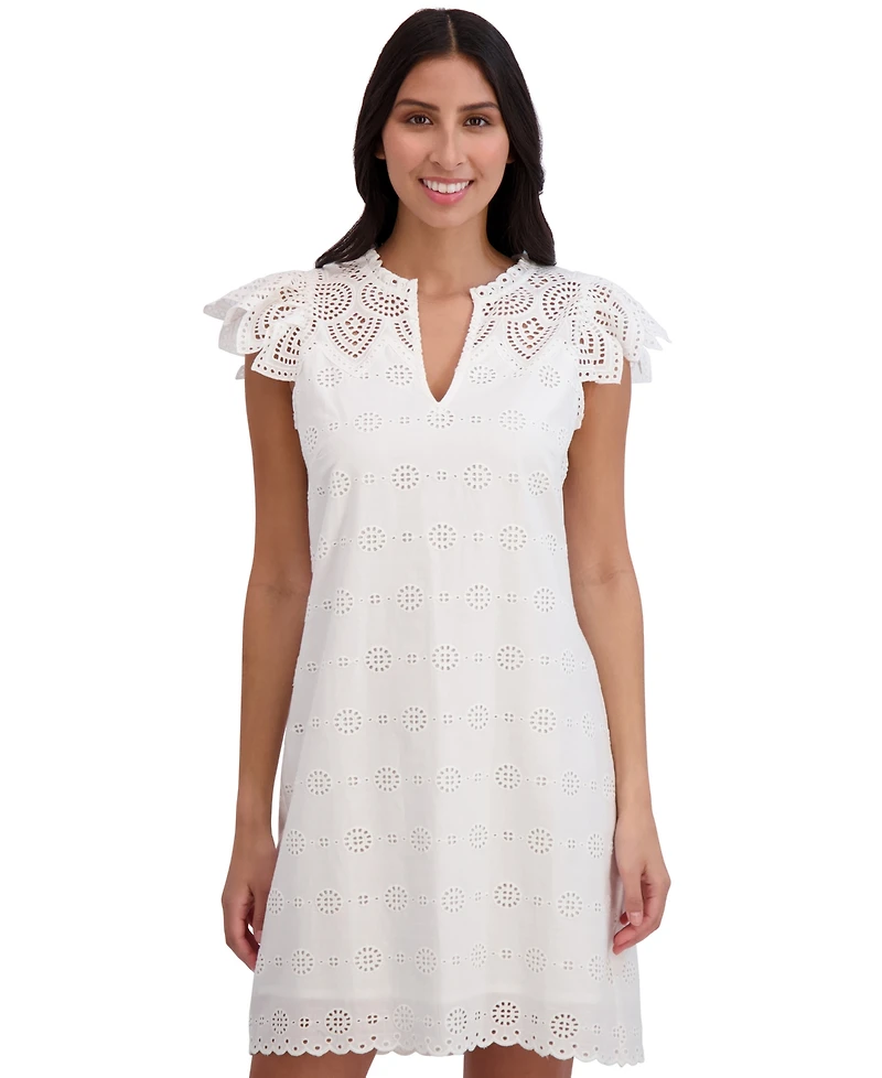 London Times Petite Cotton Eyelet-Embroidered Mini Dress
