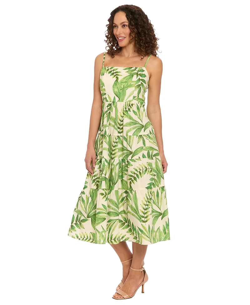 London Times Petite Leaf-Print Tiered Smocked Dress