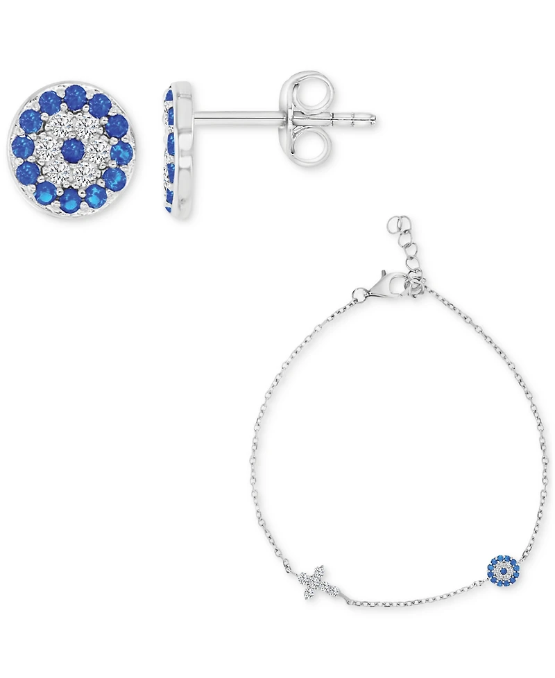 2-Pc. Set Cubic Zirconia Cross & Evil Eye Bracelet & Stud Earrings in Sterling Silver