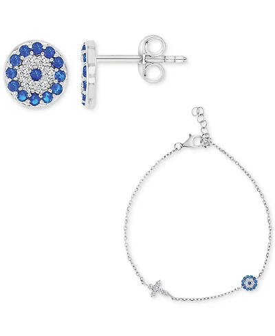 2-Pc. Set Cubic Zirconia Cross & Evil Eye Bracelet & Stud Earrings in Sterling Silver