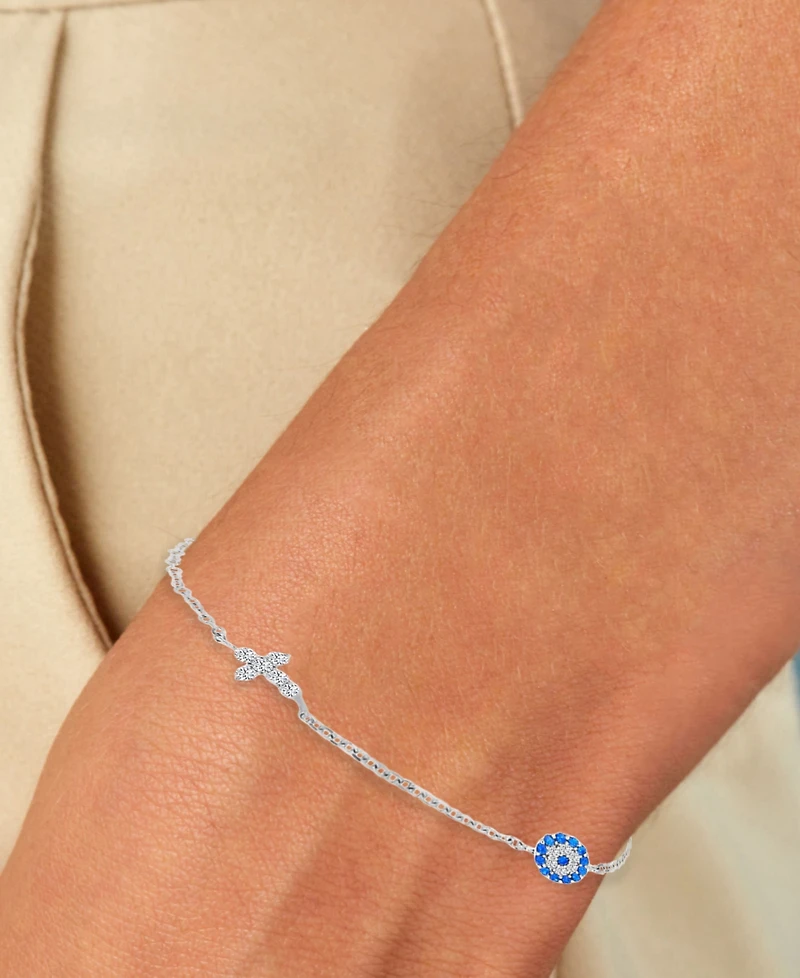 2-Pc. Set Cubic Zirconia Cross & Evil Eye Bracelet & Stud Earrings in Sterling Silver