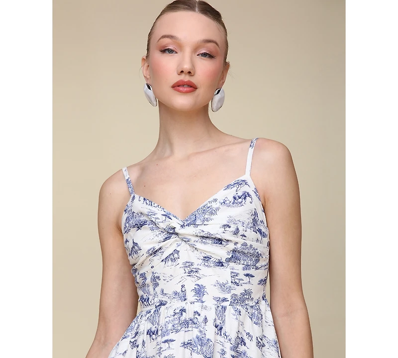 Avec Les Filles Women's Toile-Print Linen-Blend Tiered Fit & Flare Dress