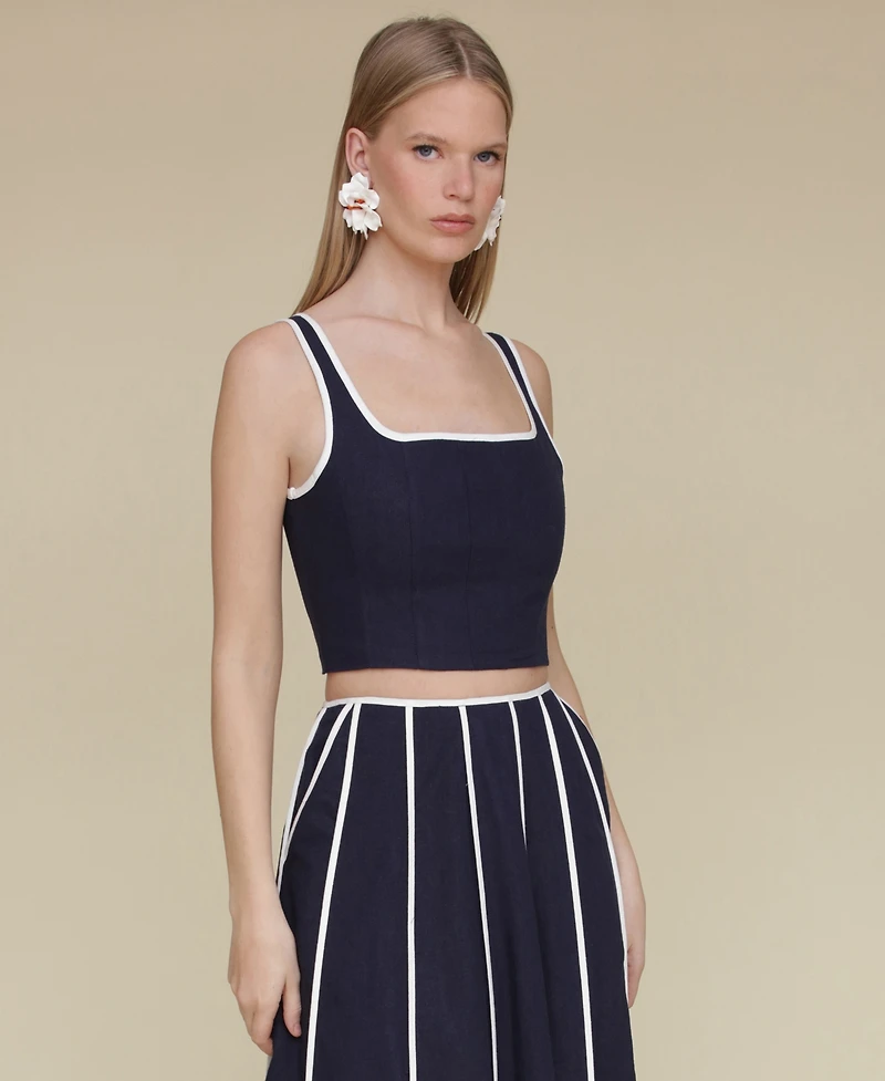 Avec Les Filles Women's Contrast-Trim Linen-Blend Crop Top