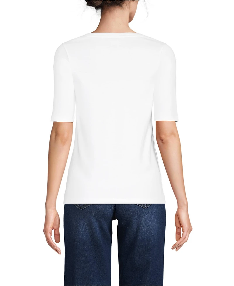 Lands' End Women's Supima Cotton Elbow Sleeve Boatneck Button Shoulder Tee