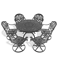 Streamdale 7-Pc Cast Aluminum Dining Set, 6 Swivel Chairs, 47" Round Table, Black Frame