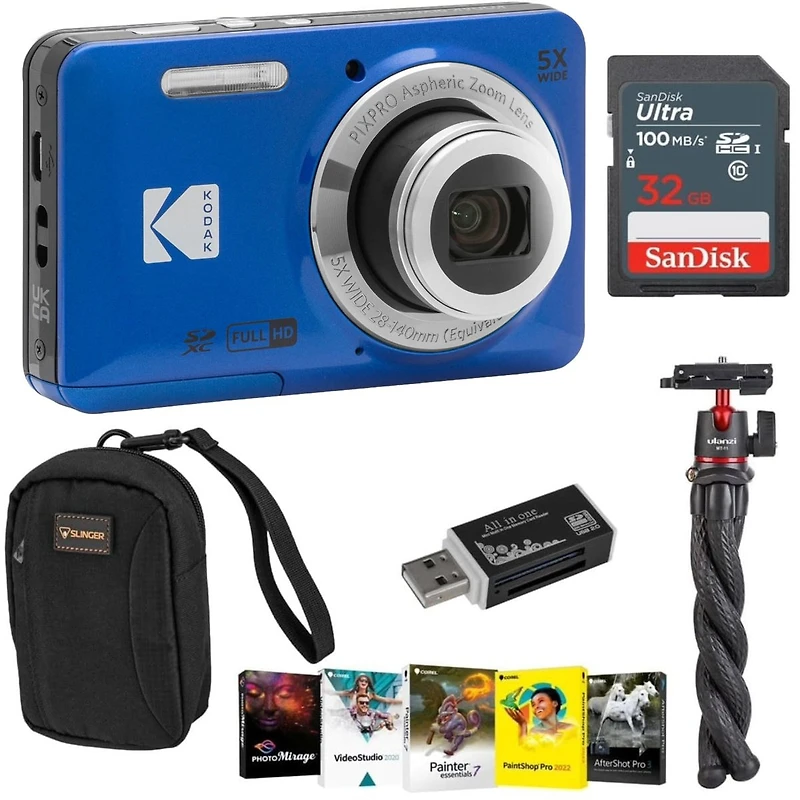 Kodak Pixpro FZ55 Friendly Zoom Digital Camera, Red, With Sd Card, Camera Bag, Tripod, Photo Editing Software, Card Reader