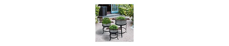 3-Piece Galvanized Metal Planter Set – Round Tub Design with Iron Stands