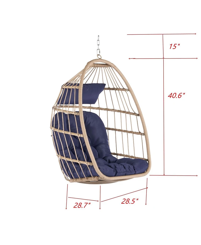 Streamdale Outdoor Garden Rattan Egg Swing Chair Hanging Chair Wood + Dark Blue