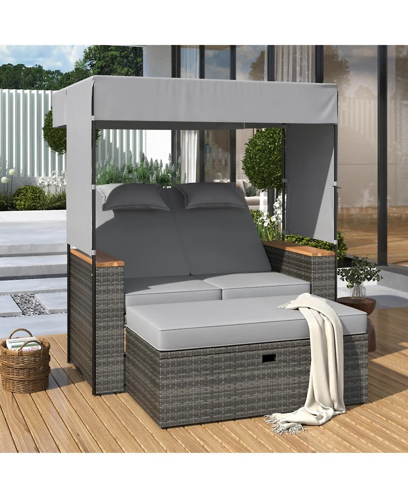Streamdale 2-Piece Outdoor Rattan Daybed, Loveseat Sofa with Bench, Lounge Roof, Cushions (Grey)
