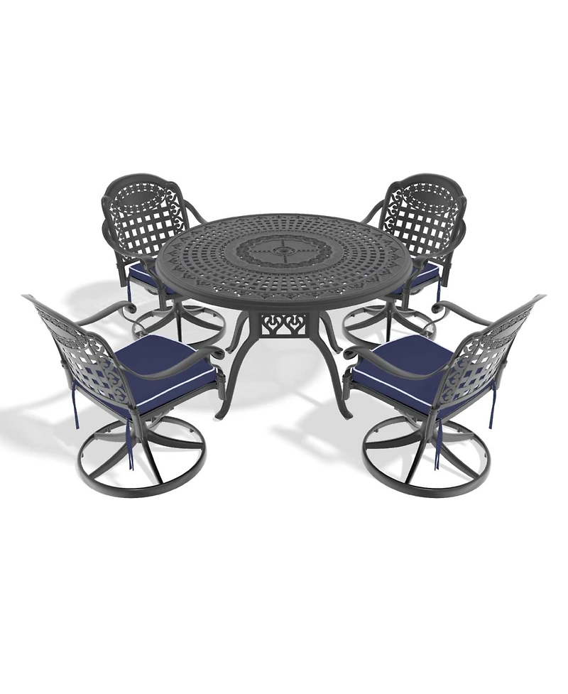 Streamdale 5-Pc Cast Aluminum Dining Set, 4 Swivel Chairs, 47" Round Table