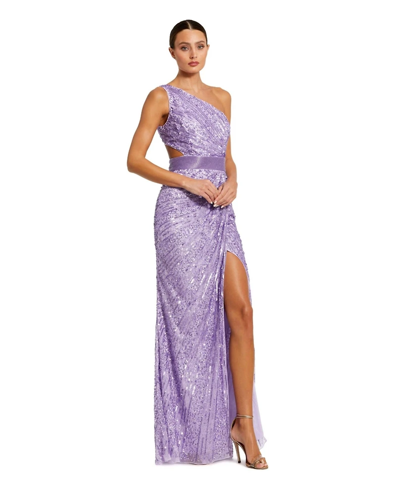 Mac Duggal Women's Sequined One Shoulder Draped Lace Up Gown