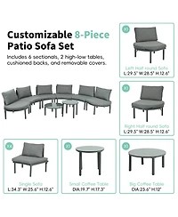 8-Pc Patio Sofa Set, Half-Moon Sectional, 2 Tables, Cushions, Pillows, Gray