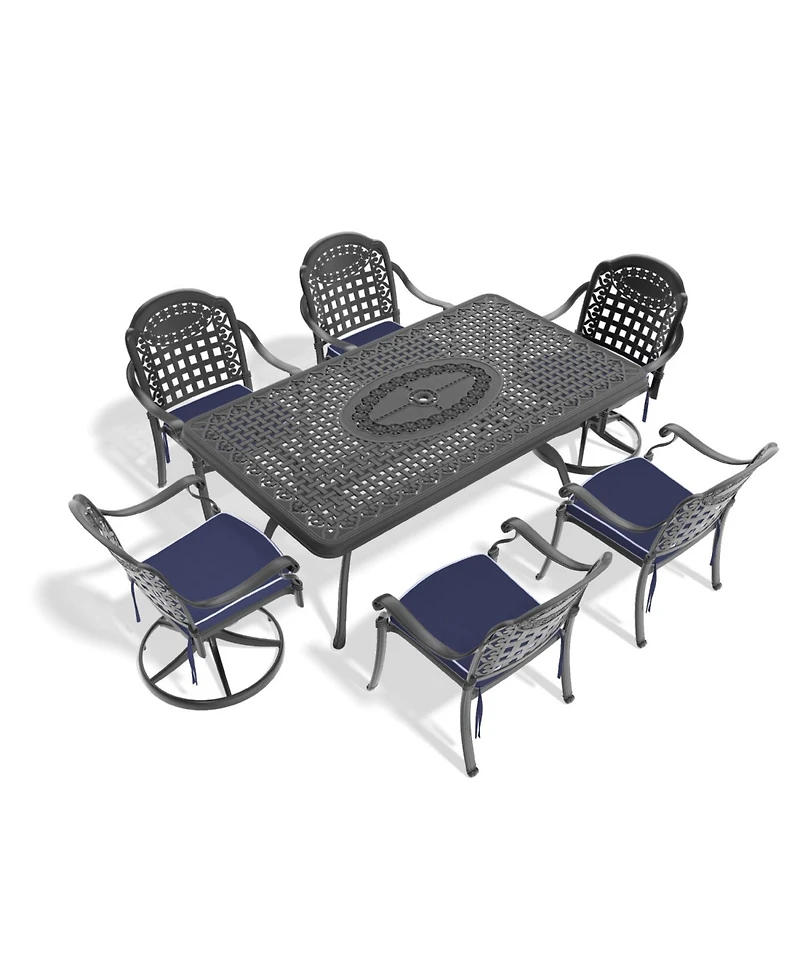 Streamdale 7-Piece Cast Aluminum Dining Set, 2 Swivel, 4 Chairs, Rectangular Table, Black Frame