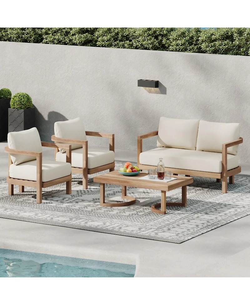 Streamdale Acacia Patio Set, 4-piece, cushions, coffee table, Brown wash/beige