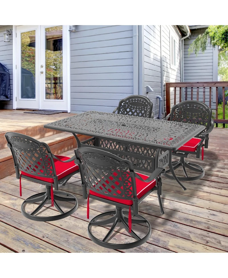 Streamdale 5-Pc Cast Aluminum Dining Set, 4 Swivel Chairs & Rectangular Table, Black Frame