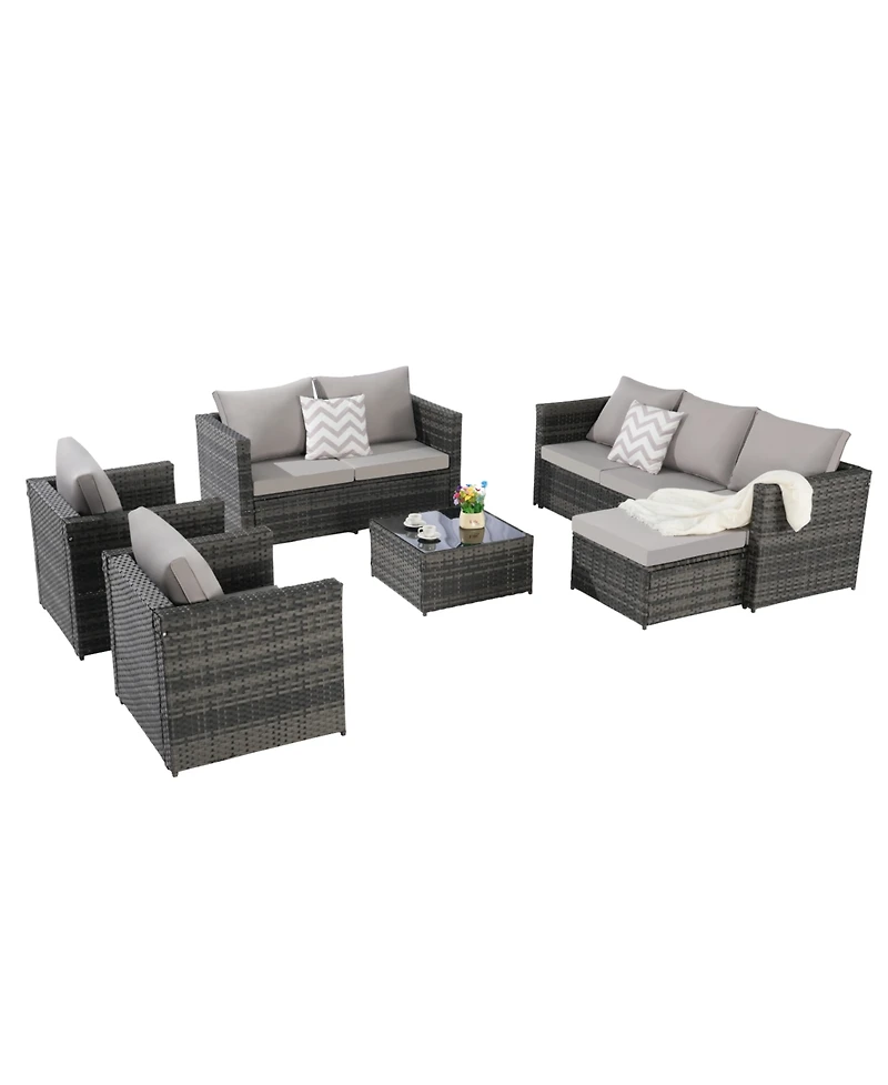 6-Piece Outdoor Wicker Patio Conversation Set w/ Cushions & Glass Table
