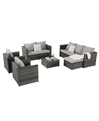 6-Piece Outdoor Wicker Patio Conversation Set w/ Cushions & Glass Table
