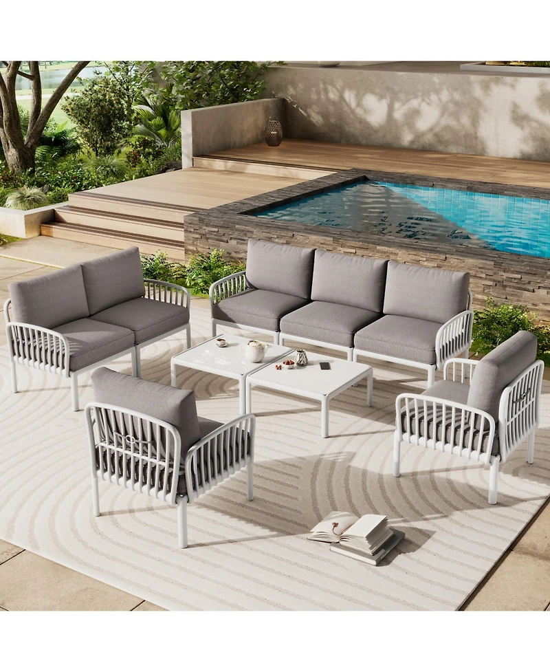 Streamdale 9-Piece Patio Set, Modern outdoor sectional with 2 tables, waterproof cushions, white & gray