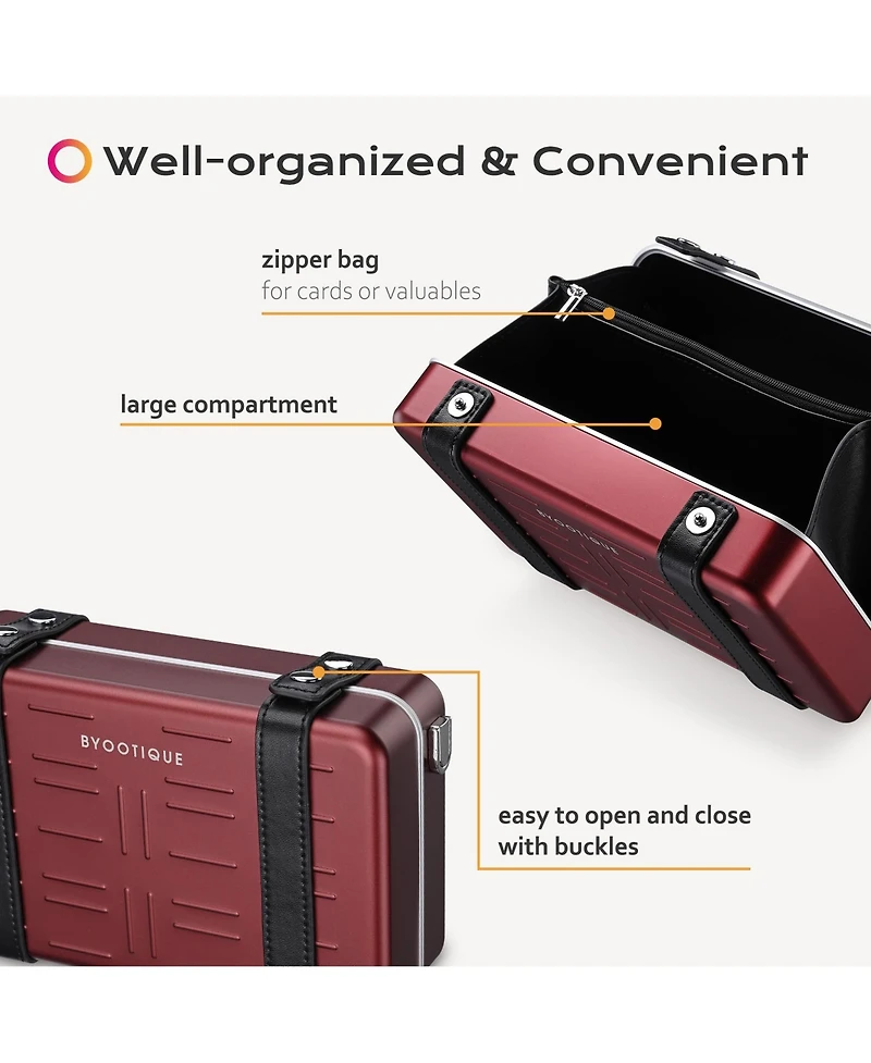 Byootique Mini Suitcase Crossbody Bag Portable Hard Shell Aluminum Cosmetic Makeup Case with Adjustable Strap Travel Handbag for Artist,Red