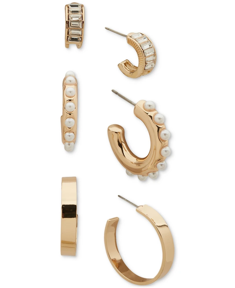 Anne Klein Gold-Tone 3-Pc. Set Crystal Baguette, Imitation Pearl, & Polished Small & Medium Hoop Earrings