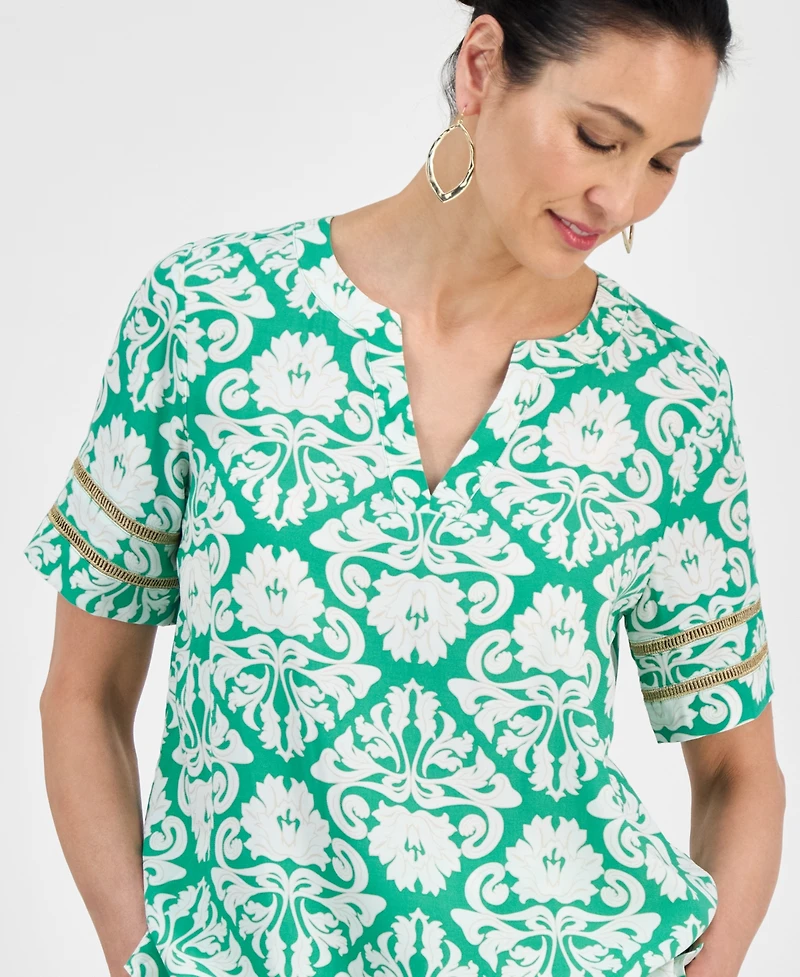 Jm Collection Women's Printed Split-Neck Short-Sleeve Top, Exclusively at Macy's