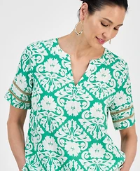 Jm Collection Women's Printed Split-Neck Short-Sleeve Top, Exclusively at Macy's