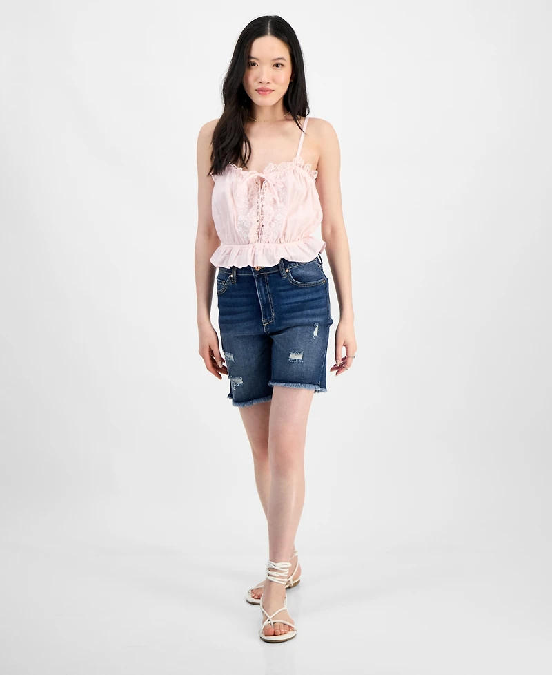 Self Esteem Juniors' Lace-Trim Embroidered Peplum Tank Top