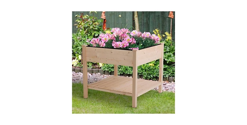 Farmhouse Square Fir Wooden Raised Garden Planter Box for Outdoor Gardening and Planting