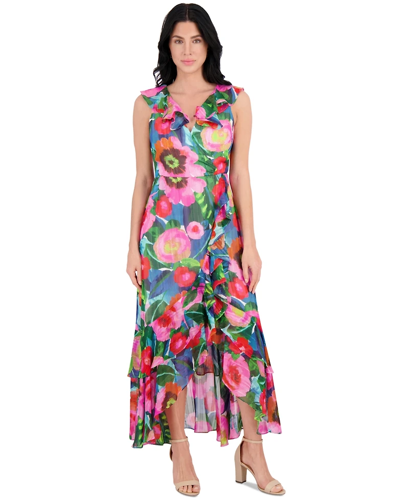kensie Women's Printed Chiffon Ruffle-Trim Maxi Dress