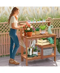 Outdoor Garden Potting Wood Planting Workstation with Open Shelves