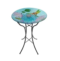Outdoor Glass Bowl Bird Bath with Metal Stand and Solar Powered Light