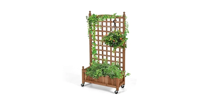 Outdoor Solid Wood Raised Garden Bed Mobile Planter Box with Trellis on Wheels