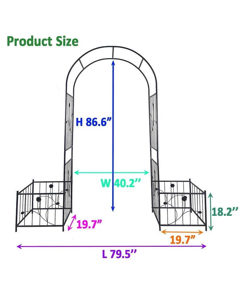 Metal Garden Arch with two plant stands 79.5'' Wide x 86.6'' High Climbing Plants Support Rose Arch Outdoor Black