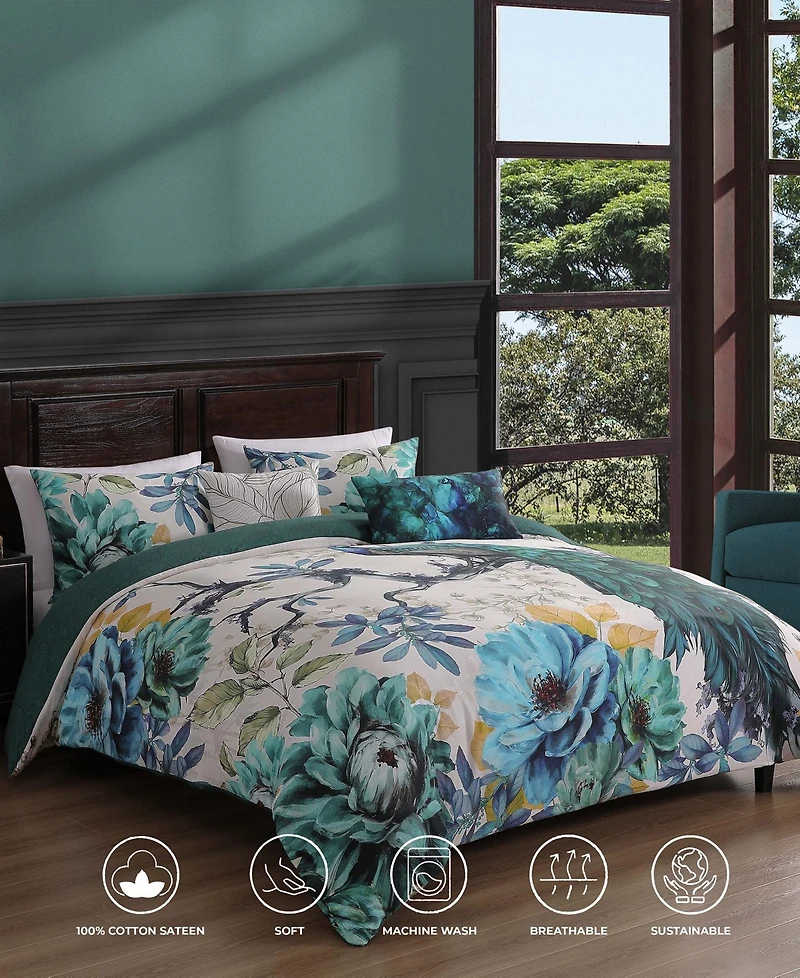 Bebejan Peacock Jardin Bedding 100% Cotton Sateen 5 Piece Queen Size Reversible Comforter Set