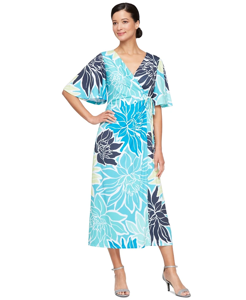 Sl Fashions Women's Printed Faux-Wrap Short-Sleeve Dress