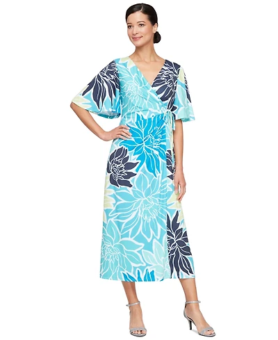 Sl Fashions Women's Printed Faux-Wrap Short-Sleeve Dress