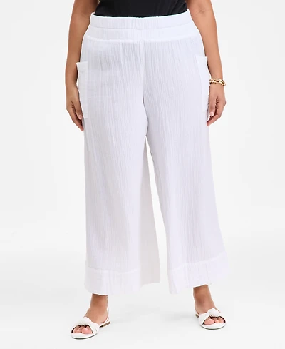 On 34th Plus Cotton Gauze Smocked-Waist Wide-Leg Pants, Exclusively at Macy's