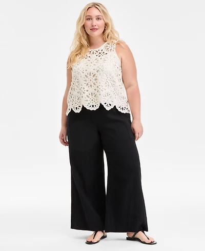 On 34th Plus Cotton Gauze Smocked-Waist Wide-Leg Pants, Exclusively at Macy's