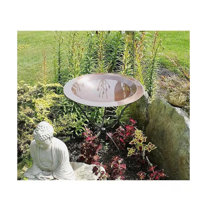 Round Copper-Plated Brass Large Bird Bath with Rimmed Bowl for Outdoor Garden