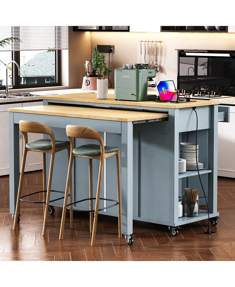 Streamdale Extendable Grey Kitchen Island with Storage, Power Outlet & Drawers