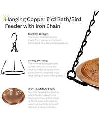 Outdoor Hand-Hammered Hanging Bird Bath or Bird Feeder with Detachable Bowl and Hanging Chain - Copper - 17.5"