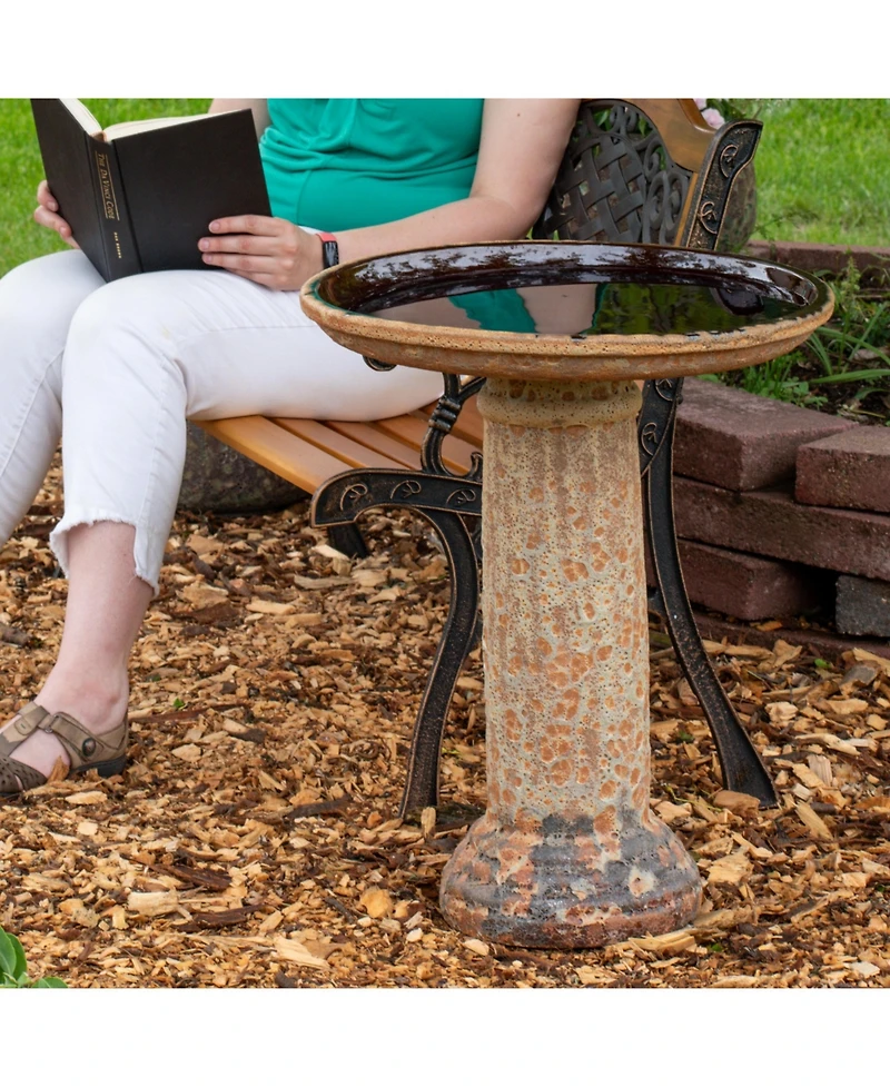 Toulon Outdoor Ceramic Bird Bath - 24.5" H - Uv- and Frost-Resistant - Glazed Bowl - Brown Lava Finish