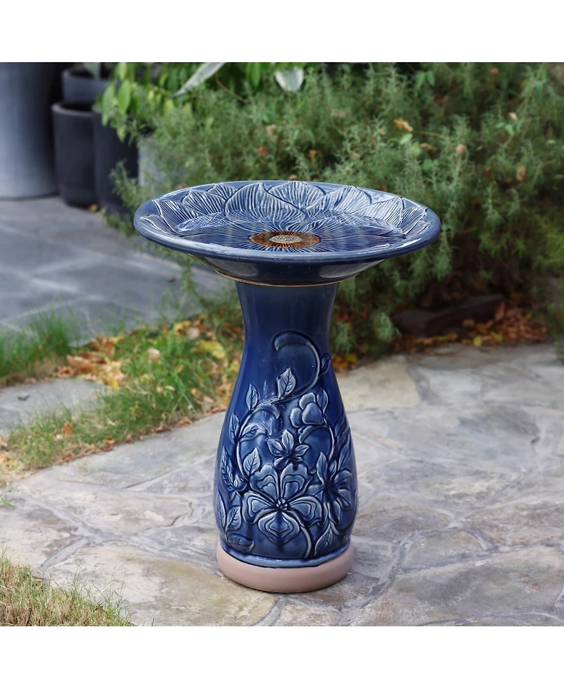 LuxenHome Blue Petals and Vines 22-Inch Tall Ceramic Birdbath