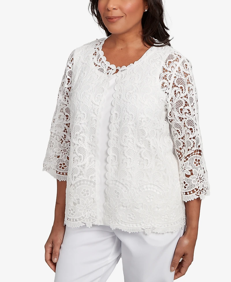 Alfred Dunner Women's Estate of Mind Embellished Lace Two One Crew Neck Top