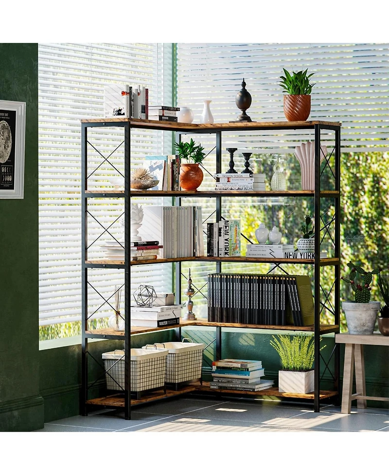 5-Shelf Corner Bookcase, Vintage Industrial Corner Bookshelf Etagere