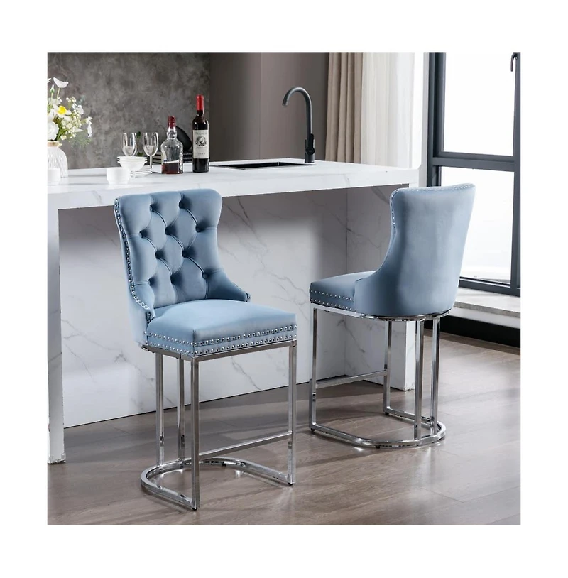 Set of 2 Velvet Counter Height Stools, 25.2" Kitchen Island Chairs with Button Tufted Back, Rivet Trim and Chrome Metal Base -The Pop Home