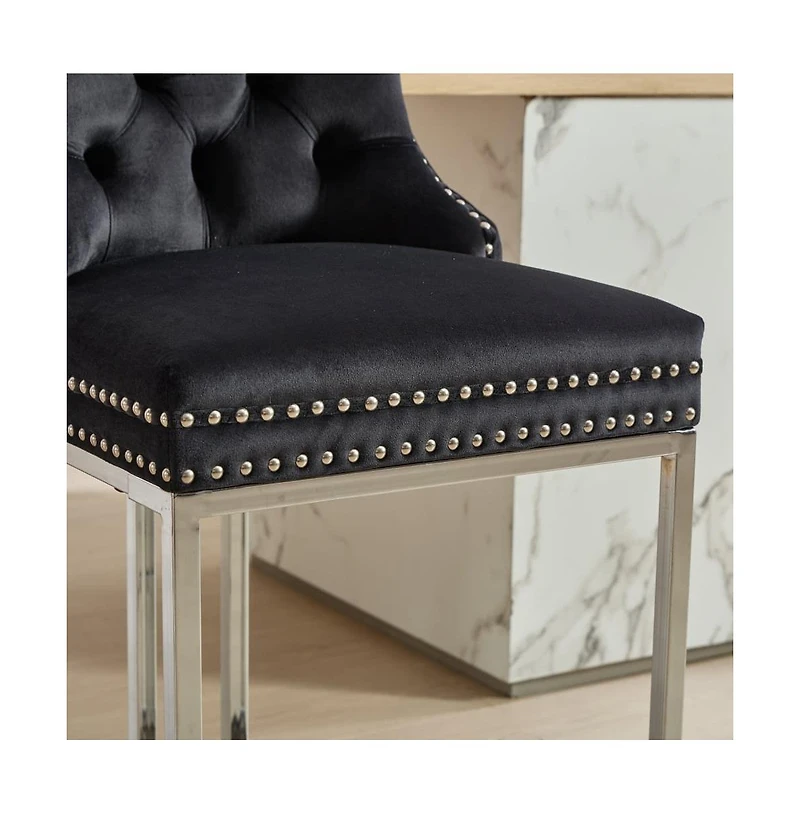 Set of 2 Velvet Counter Height Stools, 25.2" Kitchen Island Chairs with Button Tufted Back, Rivet Trim and Chrome Metal Base -The Pop Home