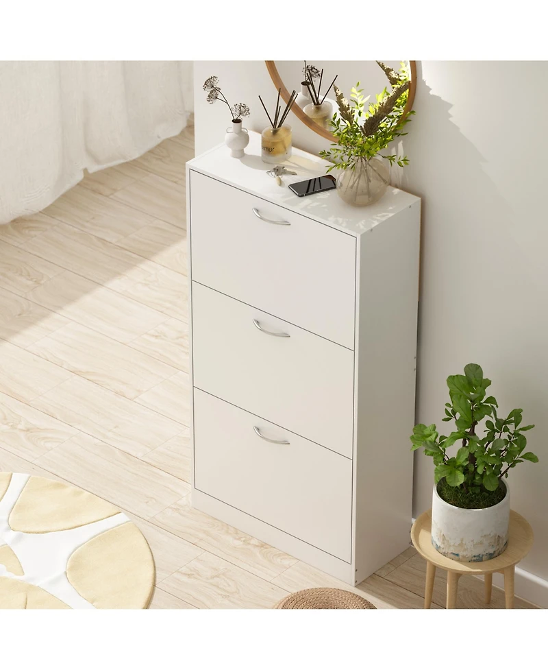 Wooden 3-door white shoe cabinet, shutter door drawers